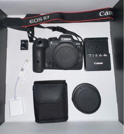 Canon R7 Mirrorless Camera set (battery, charger, SD card, mobile adapter, & control ring adapter)