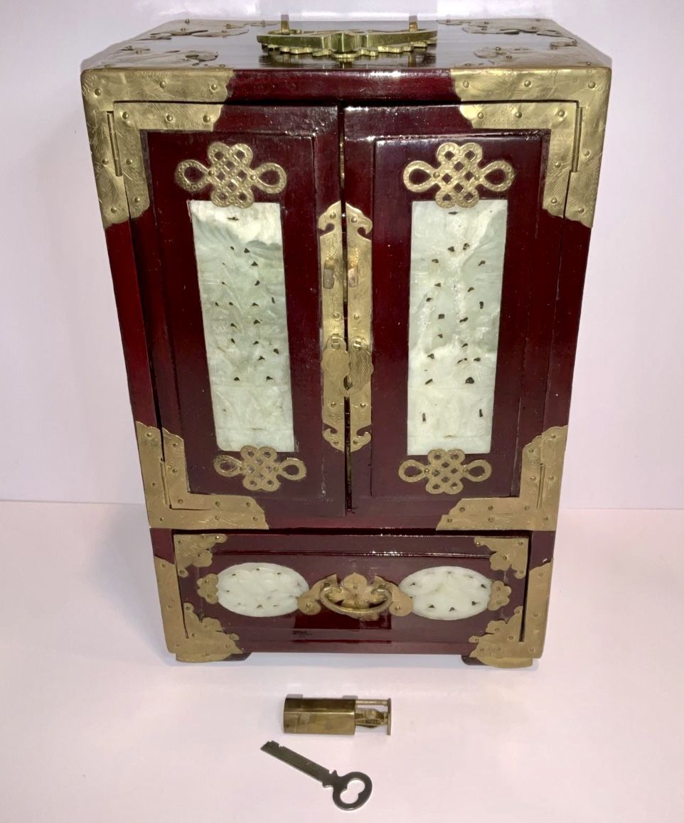 Vintage Rosewood Chinese Jewelry Box with Brass and Jade Inlay 5 Drawer 12x8x6”