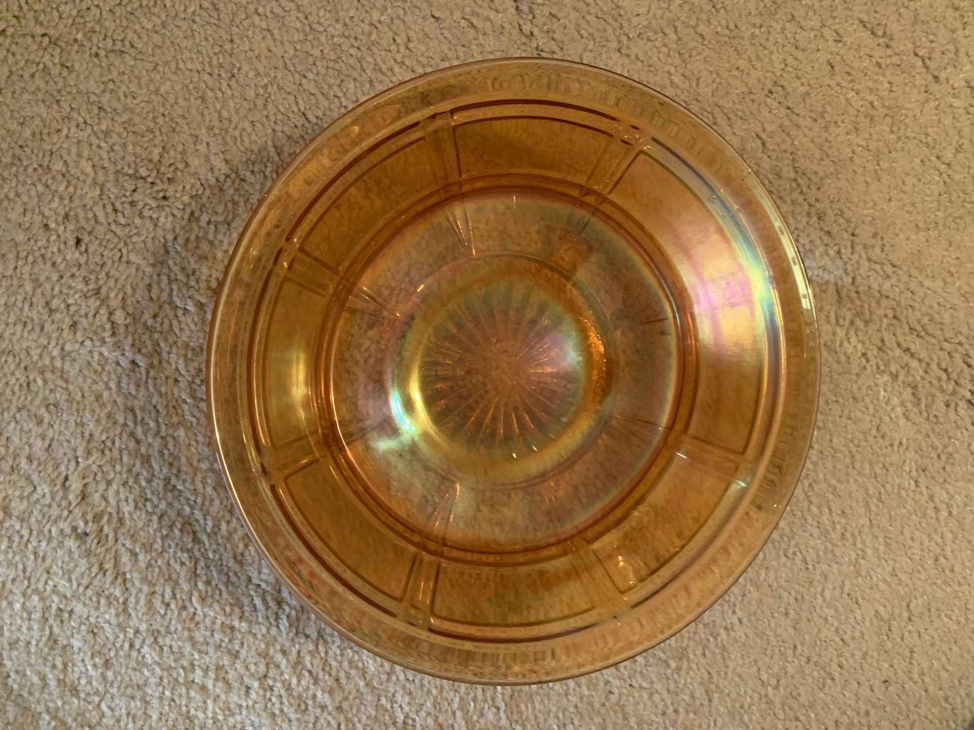 Marigold carnival glass bowl early 1900s? 9 1/4 inches in diameter.