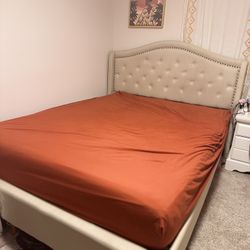 Queen Cream Upholstered Bed Frame And Mattress 