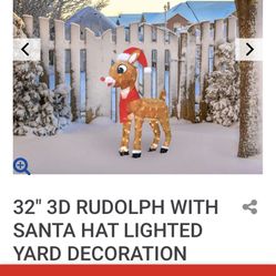 32" 3D RUDOLPH WITH SANTA HAT LIGHTED YARD DECORATION $99