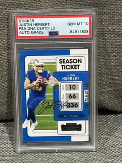 Justin Herbert Signed GEM MINT 10 Auto Season Ticket Card PSA