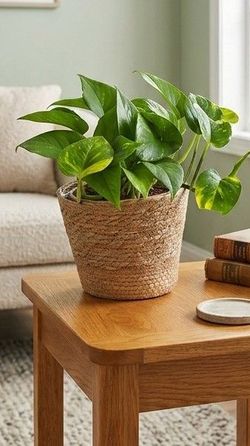 🌿 Bushy Golden Pothos Plant in 7" Woven Seagrass Planter | Healthy Indoor Houseplant