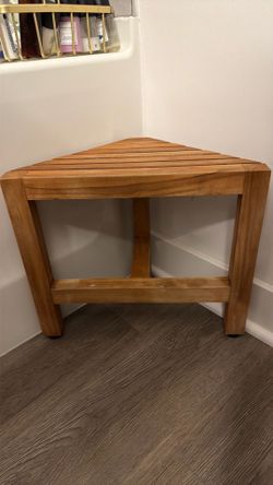 Corner teak? wood shelf plant bath display