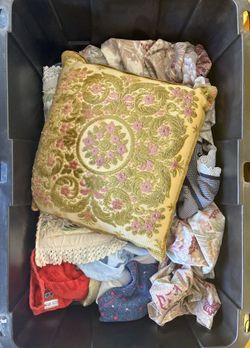 Vintage Style Linens and Throw Pillow Bin