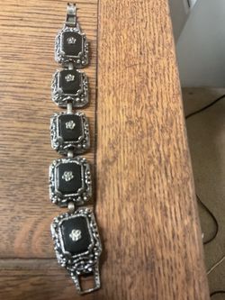 Vintage Art Deco Black Onyx Silver Filigree Link Bracelet