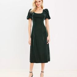 NEW Green Velvet Puff Sleeve Midi Dress from Loft