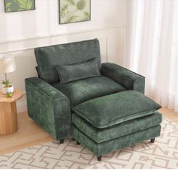 Modern 52 in. Square Arm 2-Piece Chenille Sectional Sofa Single Accent Chair with Ottoman and Pillow in Green(1P+OT)