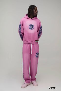 boohooMAN Oversized Boxy Graphic Washed Hoodie Tracksuit (Medium)
