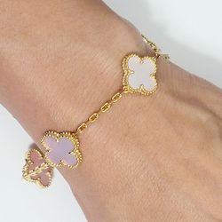 18k Gold Floral Flower Pink Women's Chain Pearls Bracelet Gift