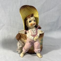 Vintage Girl with Cat Figurine Planter