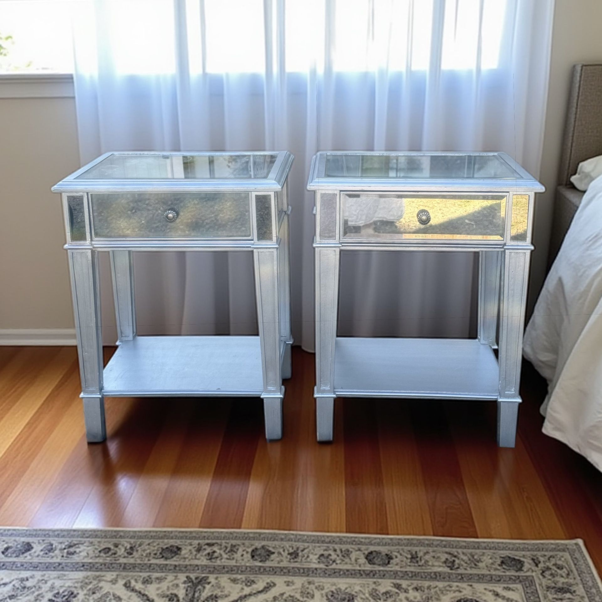 Pair of Versatile Mirrored Accent Silver Bedside Table Nightstand Drawer Open Shelf