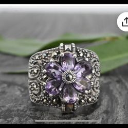 Vintage Sterling Silver Natural Amethyst Hematite Gemstone Flower Proposal Engagement Wedding Women's Ring