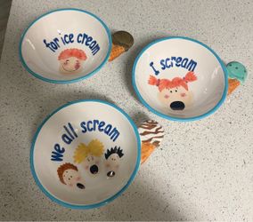 Set Of 3 Vtg Lotus 2000 “I Scream” Bowls W/Ice Cream Cone Handles Ceramic