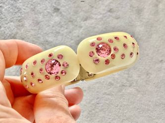 1940s-50s Cream Celluloid Pink Rhinestone Clamp Bracelet Weiss