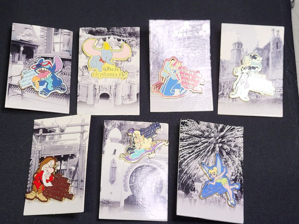 7 Disney Collector Cards And Pins. Stich, Dumbo And More