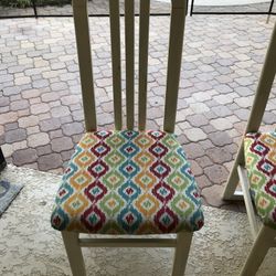 2 White Painted Wooden Chairs, New Fabric Seats