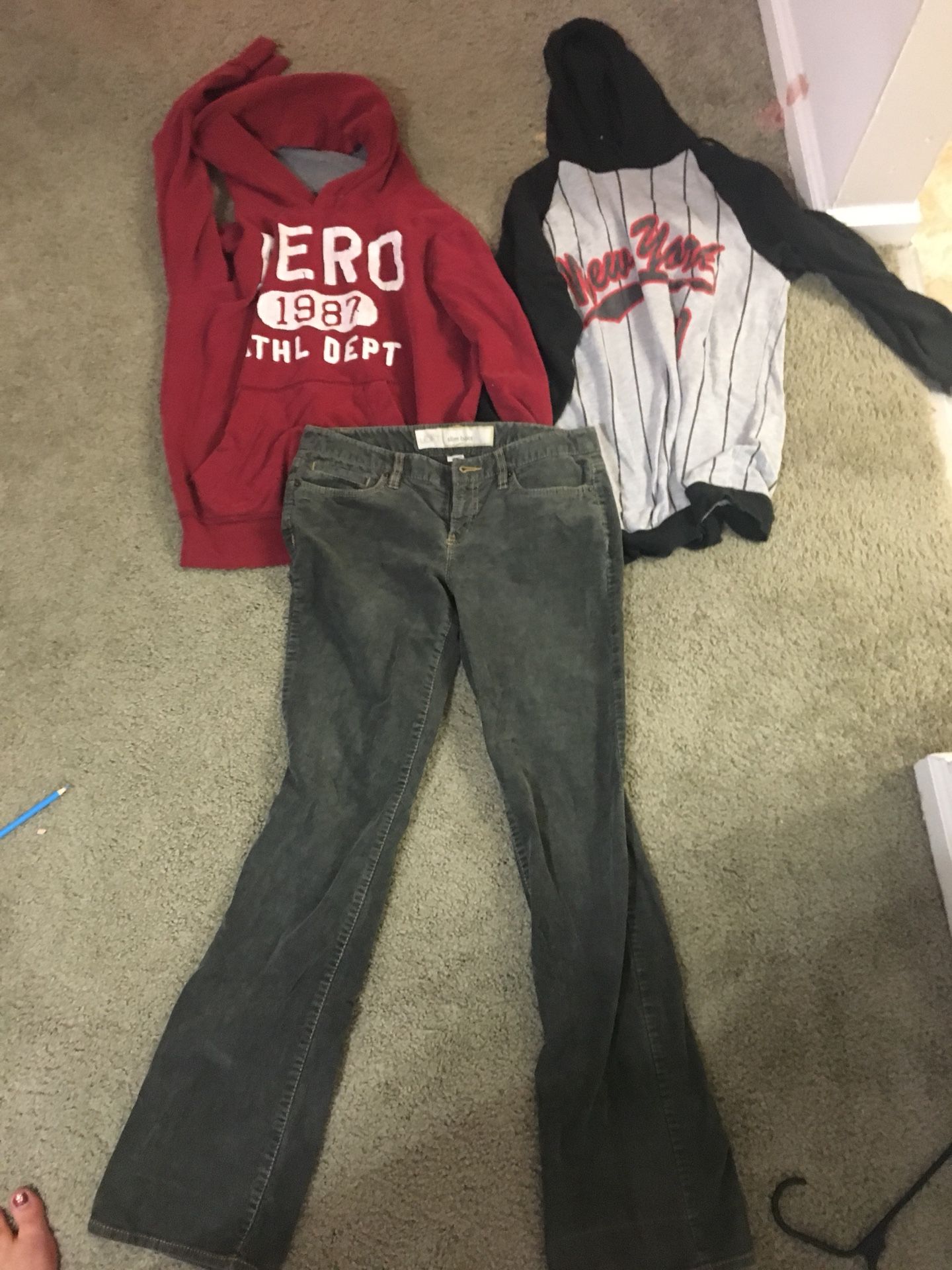 Gently used Junior Large amount of name brand Aeropostale hoodie(M) & juniors “on Firhoodie w/ Anne Taylor Loft Slim Cords (more then pictured)