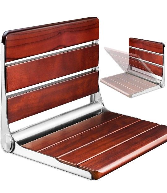 18.4 In Dark Teak Shower Chair Wall Mounted 400lbs New