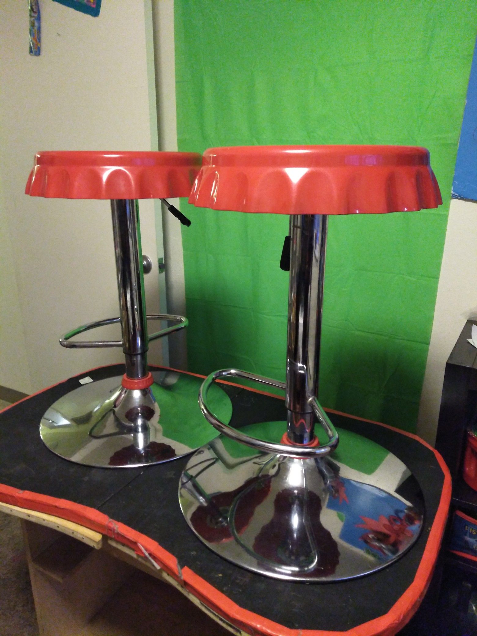 Set of bottle cap bar stools. Full size. Coca Cola red.