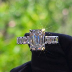 4.50CT Emerald Cut Moissanite Ring | 925 Sterling Silver | Size 7.5