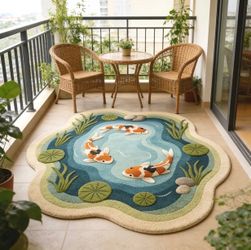 New - 3D Koi Fish Lotus Pond Rug 6.5ft x 6.5ft