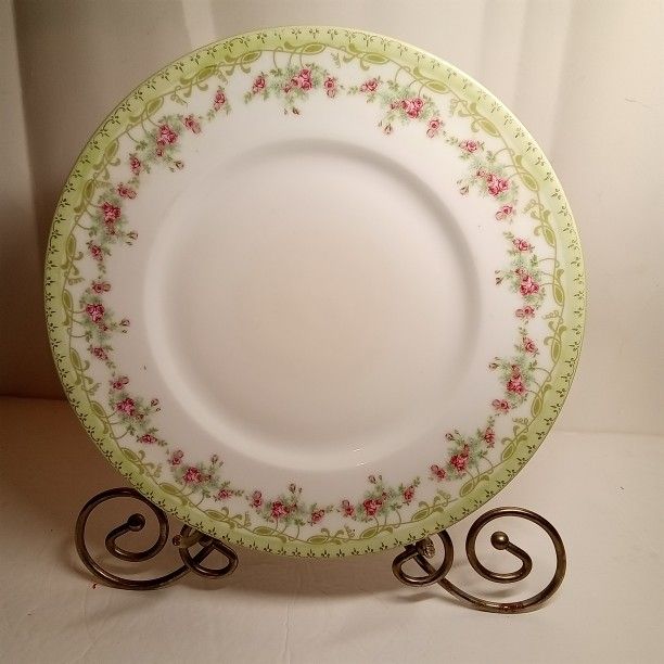 Antique Hanusch und Bernhart HUB Austria 10" Dinner Plate Mint Green Roses Gold