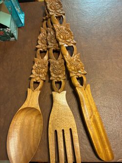$100-obo-Large Decorative Wooden Fork and Spoon Set