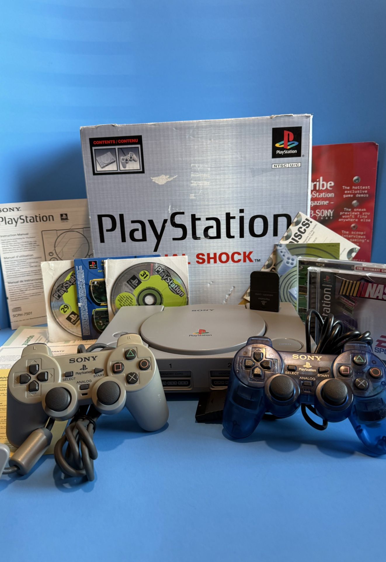 Sony PlayStation PS1 - Complete In box /Manuals / SEALED demo Discs / Interactive Disc / 2 Games / 2 Controllers -Tested Working