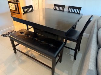 Black Extendable Dining Table Set with Bench and 4 Chairs, with Storage