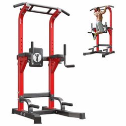 Power Tower Dip Station Pull Up Bar Workout Multi-Function Adjustable Height Strength Training Equipment for Home Gym, Red