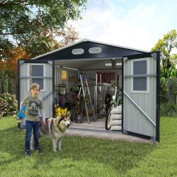 Outdoor Storage Shed, 8x8 protective film, four daylight Windows Lockable Doors,A practical and thoughtful gift,two colors can be freely selected dark