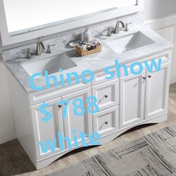 60”white double sink bathroom vanity with carrara white marble stone top