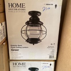 Home Decorators Collection Greer 1-Light Black Outdoor Semi-Flush Mount Lantern with Caged Seeded Glass