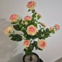 *** NEW LOW PRICE *** 4ft Faux Champagne Camellia Topped with Pink/Translucent Stone in a 15in Resin Planter @ Lasting Creations