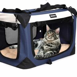 Large Cat Carrier, Collapsible Dog Travel Crate Portable Soft-Sided Pet Carrier with Super Soft Warm Plush Mat for Indoor and Outdoor 24x16x16in,Navy 