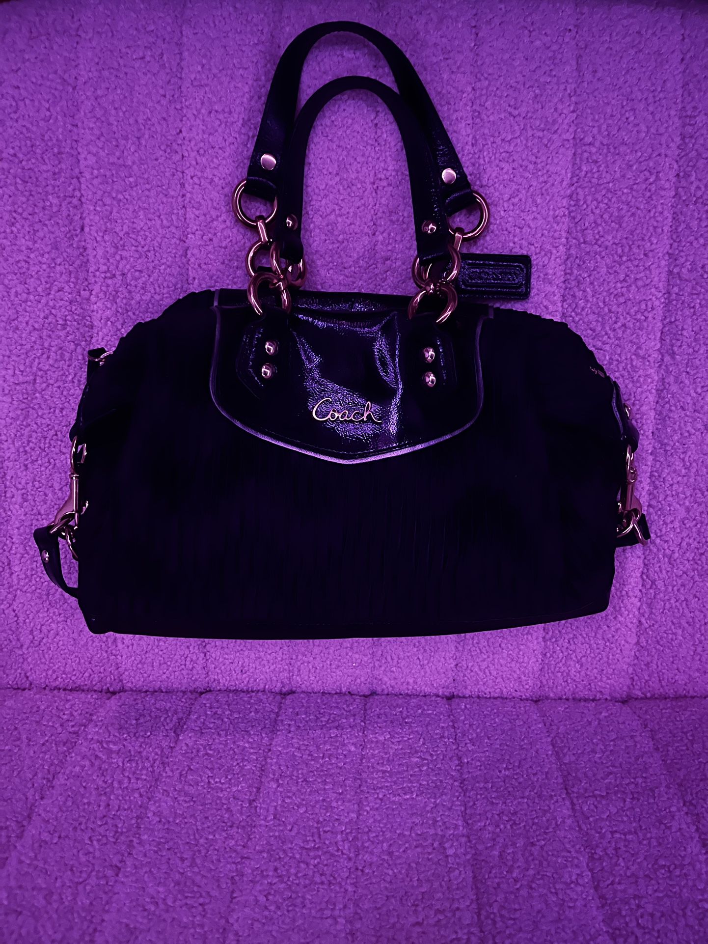 Coach Black Pleated Satin and Patent Leather Tote