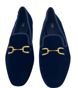 Zara Loafers Shoes Women’s 41 Blue Flat Casual Gold Buckle Slip On Velvet Type