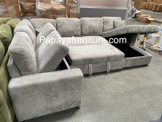 New! 120” Gray Corduroy Large Sectional Sofa Couch, Sectional, Sofa, Couch, Plush Sofa Bed, Sleeper Sofa, Sofabed, Pull-out Sofa Bed Couch,Large Couch