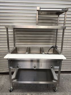 3 Well Electric Steam Table Duke E303M On Wheels With Storage Shelf & Ticket Rail #4488