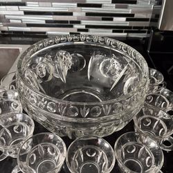 Vintage Thumbprint Cut Glass Punch bowl Set w/12 Cups and ladle