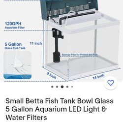 Small Betta Fish Tank Bowl Glass 5 Gallon Aquarium LED Light & Water Filters