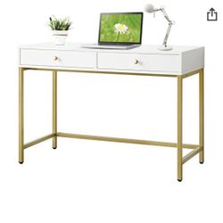White-Vanity-Desk with 2 Drawers, White/Gold Home-Office-Desks Desktop Makeup-Vanity-Table Modern Writing Computer Standing Desk with Wood Top 