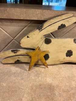 Vintage Distressed Folk Art Handcrafted Painted Wooden Rabbit Lying Down with Wooden Star