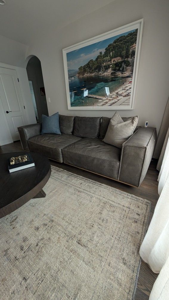 Restoration Hardware Italian Berkshire Leather Modular Couch Loveseat Sofa Dupe, 3 Pieces, Removable Back Cushions, Teak Wood Base, Down Feather Retai