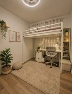 Metal Loft Bed Twin Size with Safety Guardrail and Ladder, No Box Spring Needed Space Saving Bedroom Furniture,Cream White