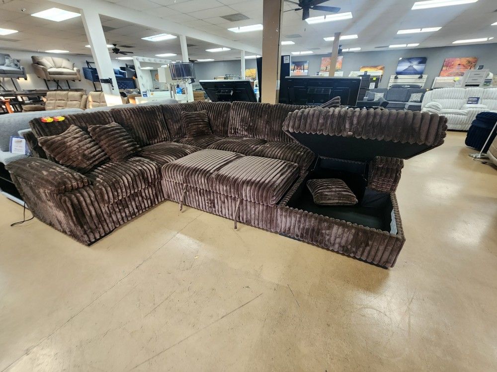 Chocolate Curdoroy SLEEPER Sectional With Storage Chaise . 5 Colors