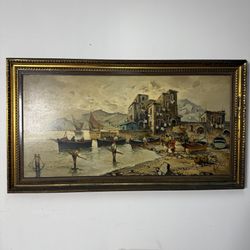 MCM Painting Italian Coastal Scene Sailboat Nautical Mid Century Modern Art