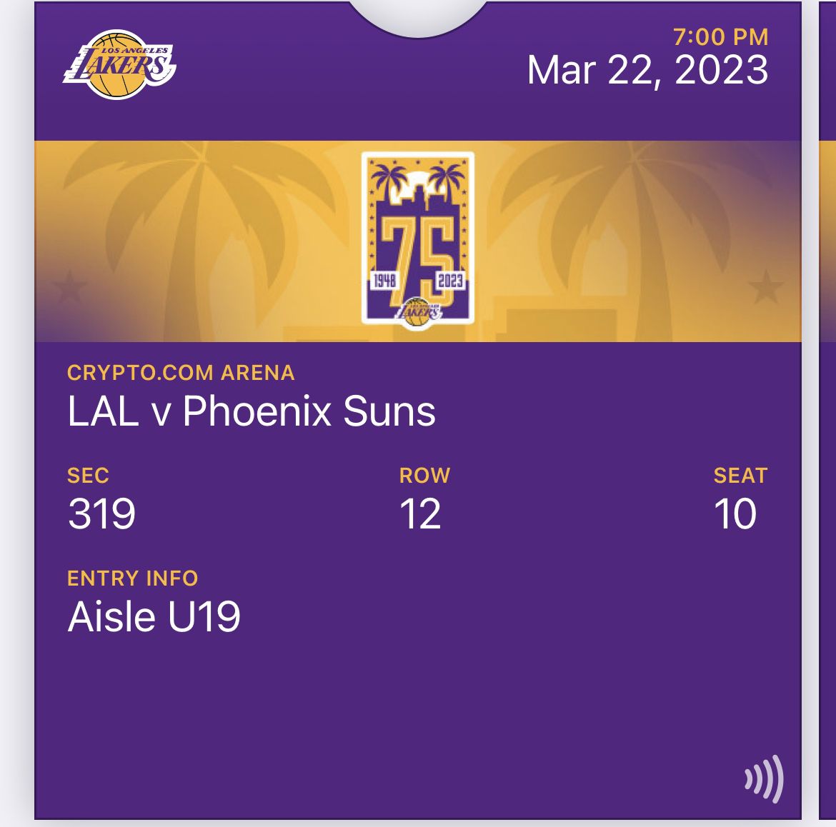 1 Lakers Vs Suns Ticket 319 Row 15  $70