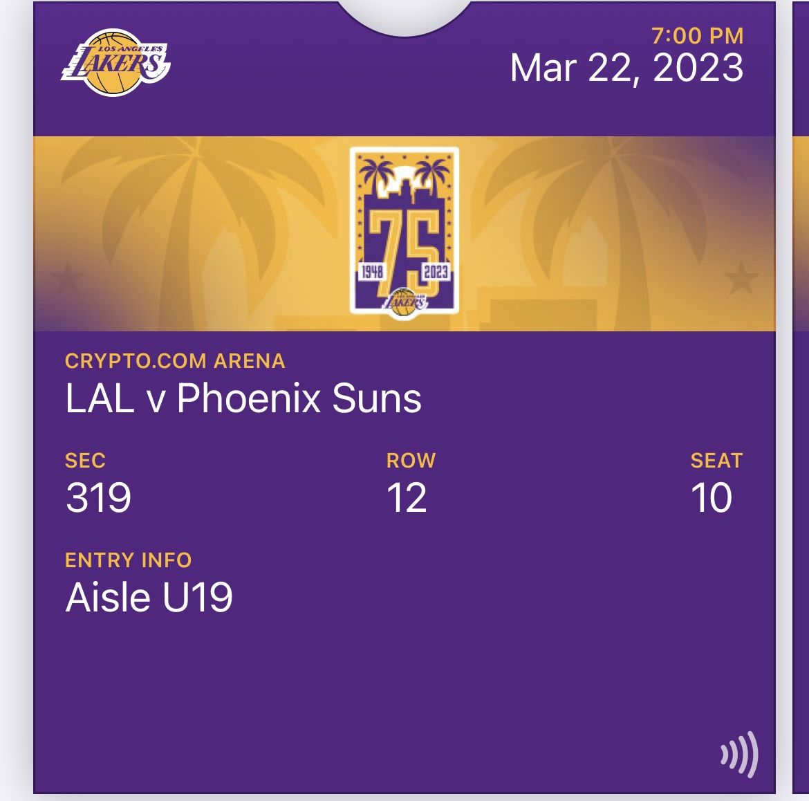 1 Lakers Vs Suns Ticket 319 Row 15 $70